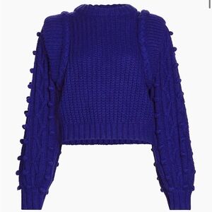 Farm Rio Bright Blue Textured Braided Sweater Pom Poms Small